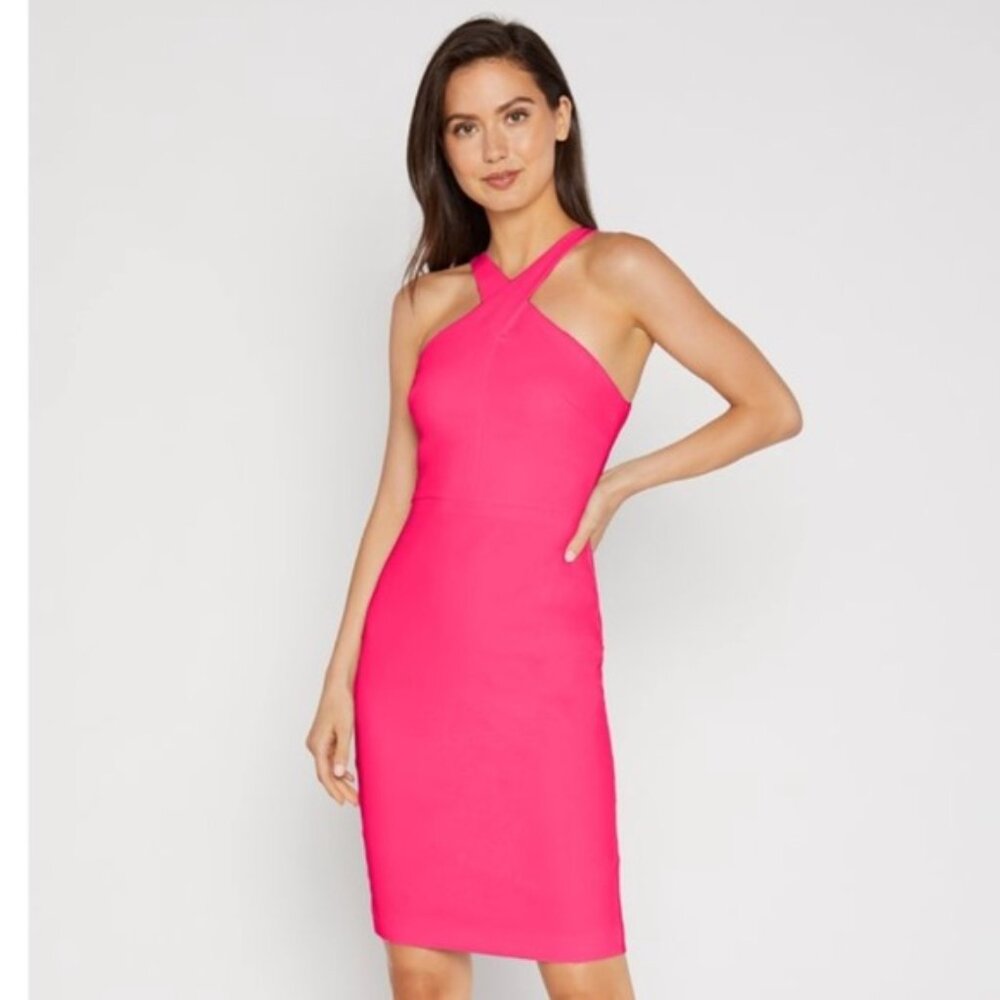 Likely Carolyn Halter Neck Sexy Summer Bodycon Midi Dress Hot Pink 0